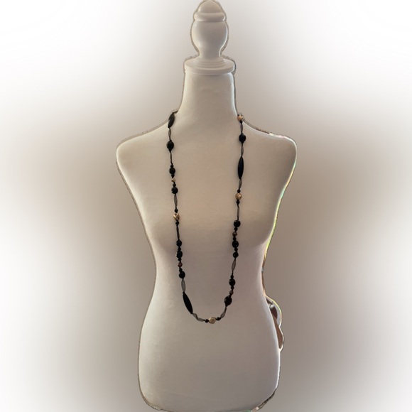 🐈‍⬛ Elegant Black Ribbon with Black, Gold & Copper Beaded Necklace by Cookie Lee - Picture 2 of 6